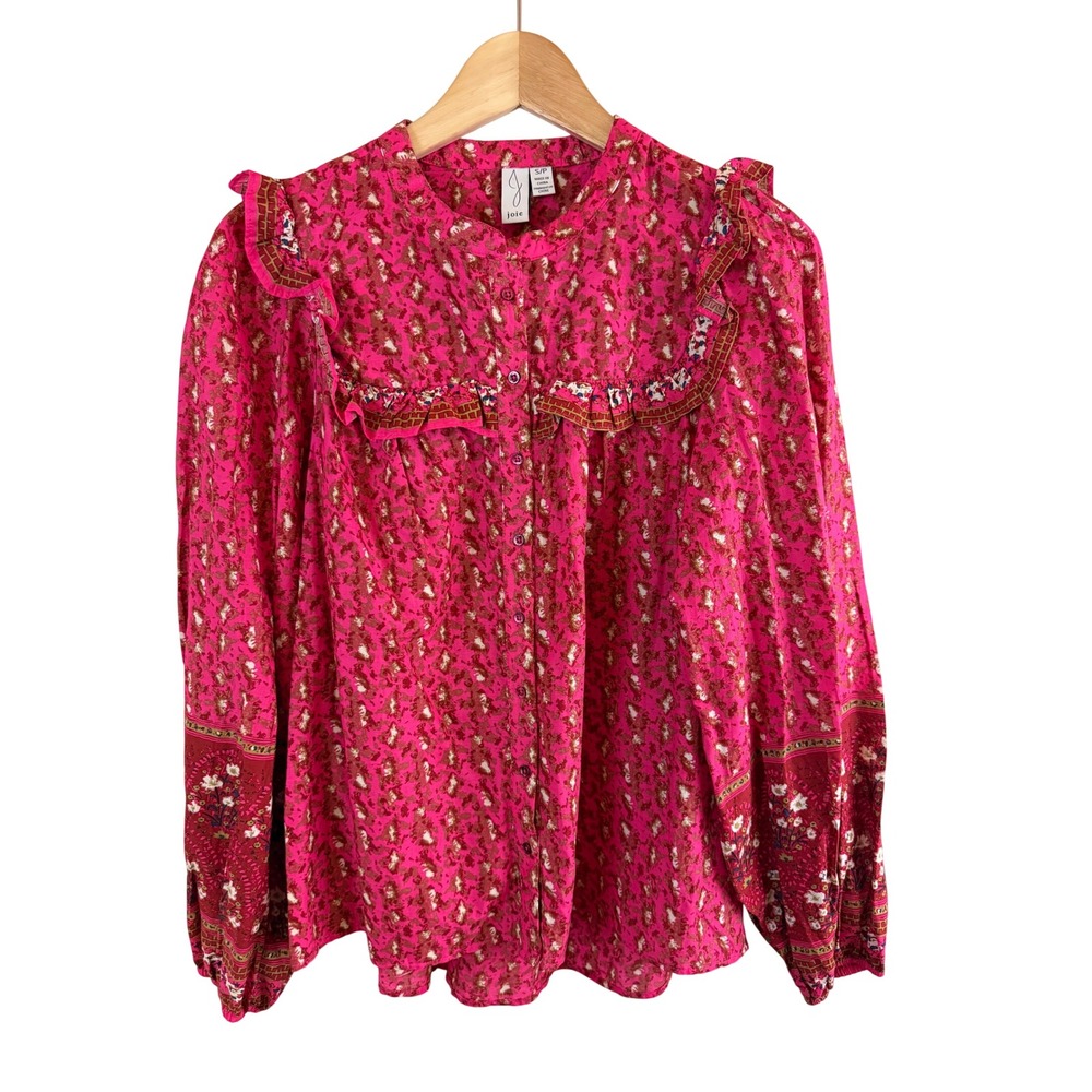 Joie Ruffle Floral Button Down Blouse Women Small Pink Long Sleeve Cotton Boho